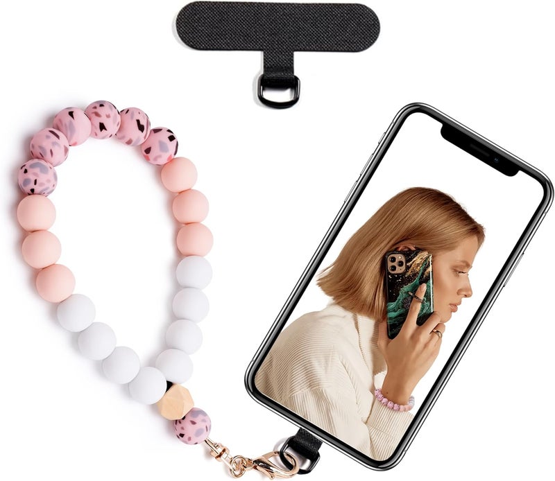 Lostars Store Silicone Beaded Phone Wrist Strap,phone bracelet strap with Tether Tab,Elastic Hands-Free wristlet strap (Pink) - Image 1